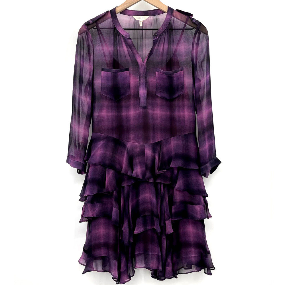 Rebecca Taylor Long Sleeve Plaid Ruffle Dress in Berry Size 2 Purple Black Sheer - Picture 5 of 16